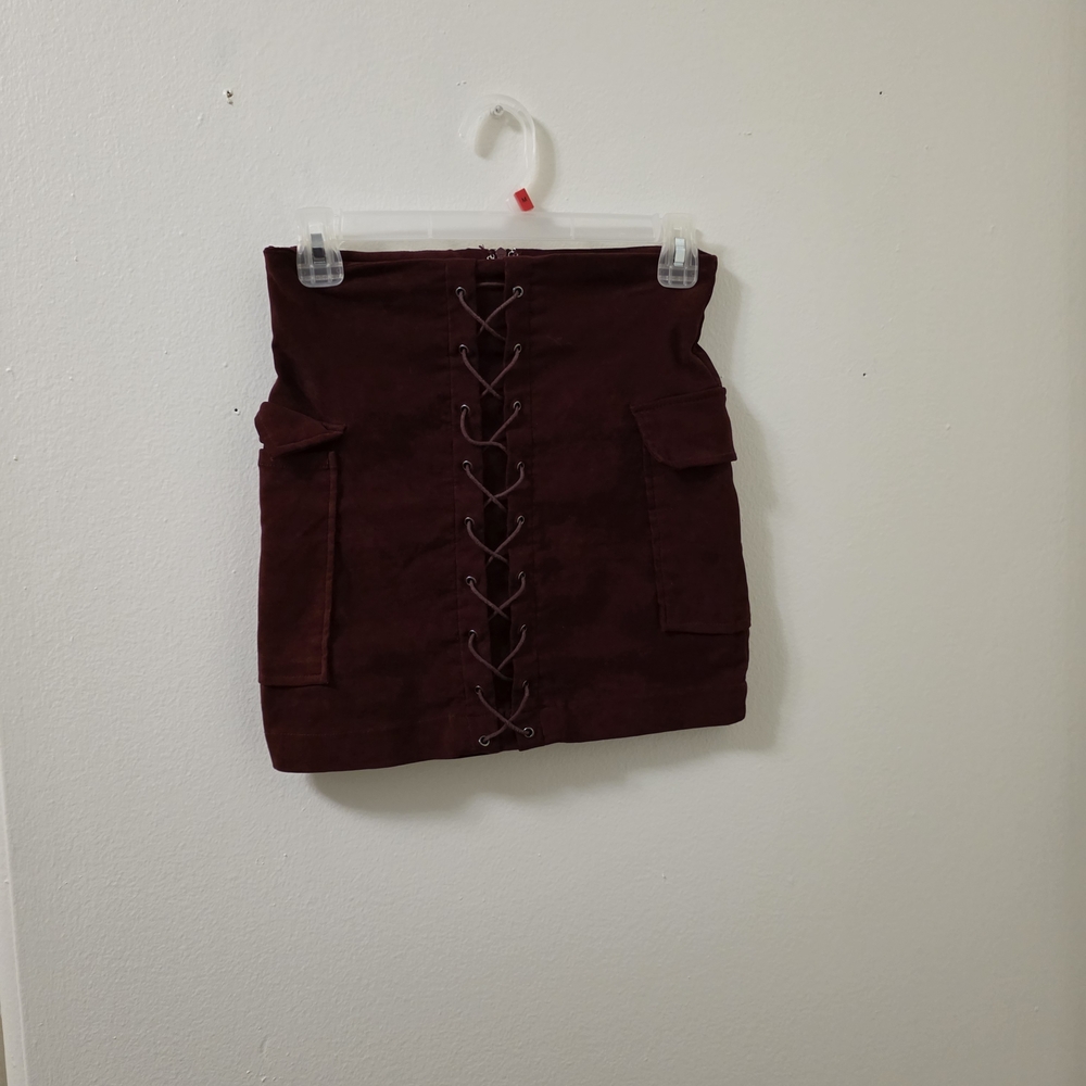 AKIRA Burgundy Lace-Up Mini Skirt